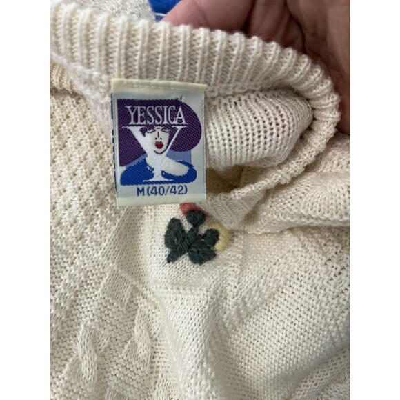 Yessiva Cream Floral Crochet Knit Embroidered Rustic Crew Neck Wool Sweater Med - Picture 2 of 10